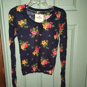 Hollister Navy Cardigan with Floral Accents